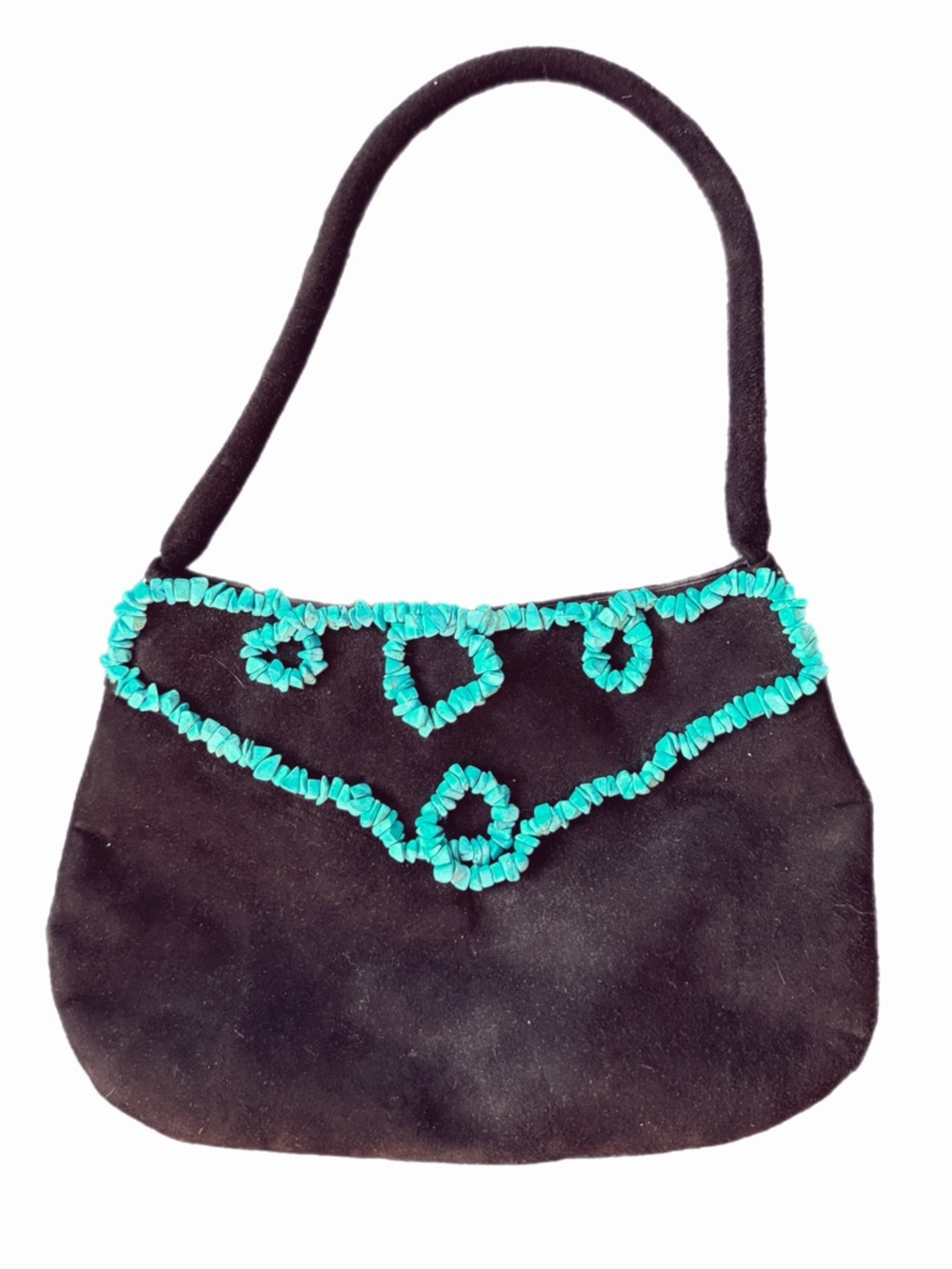 Y2K Vintage Western Boho Brown Suede Shoulder Bag with Turquoise Chip Bead Trim